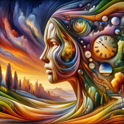 The primary subject of the image is a woman's face, which is the focal point of the artwork. The setting is a colorful and vibrant landscape, with a clock and a clock face also present in the scene. The visual style is a combination of digital art and illustration, creating a unique and eye-catching piece of art. The colors and mood of the image are lively and energetic, with a strong emphasis on the woman's face and the surrounding landscape.